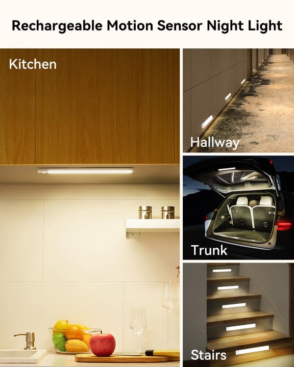 Rihvy Under Cabinet Lighting 8-Inch 6-Pack — Rechargeable Motion Sensor Lights with 3 Color Temperatures & Dimming