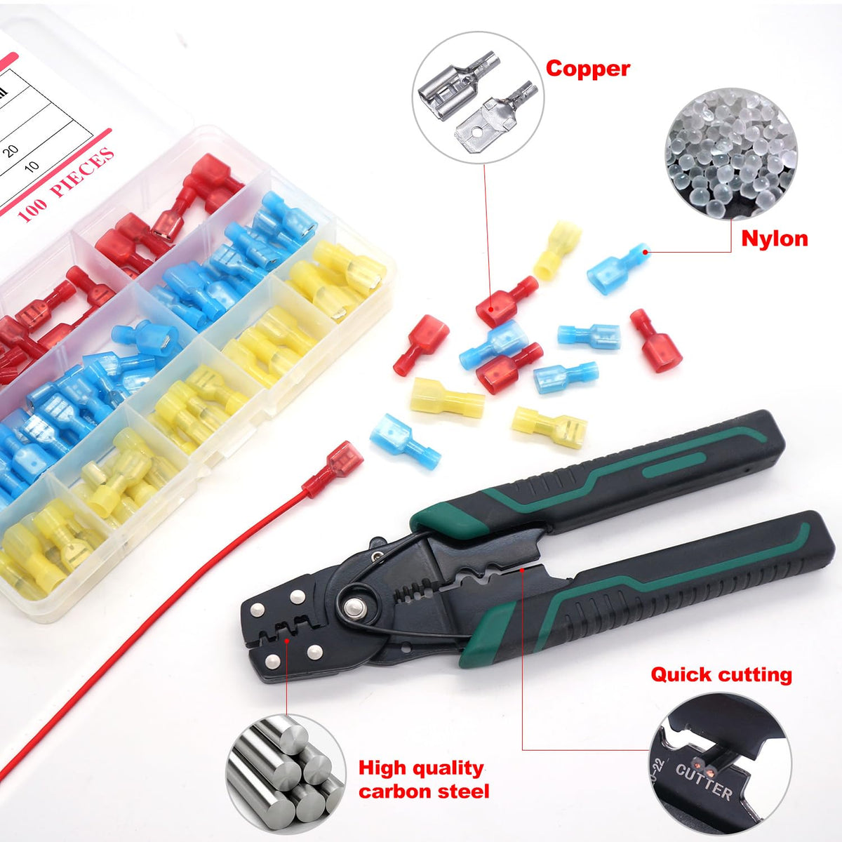 Twidec 100PCS Nylon Spade Connectors Kit 22-10 AWG | Fully Insulated Quick Disconnects + Crimp Tool