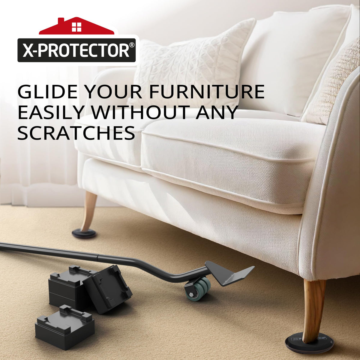 X-Protector Furniture Sliders for Carpet & Lifter Tool Set – 4 Pcs, 3.5-Inch Sliders