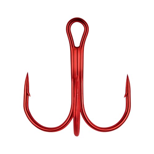 Dr.Fish 50 Pack Treble Fishing Hooks, Red Round Bend Triple Grip Saltwater Freshwater High Carbon Steel Fish Hooks for Catfish Bass Trout Replacement Hard Baits Lures - size: #2-50 Pack