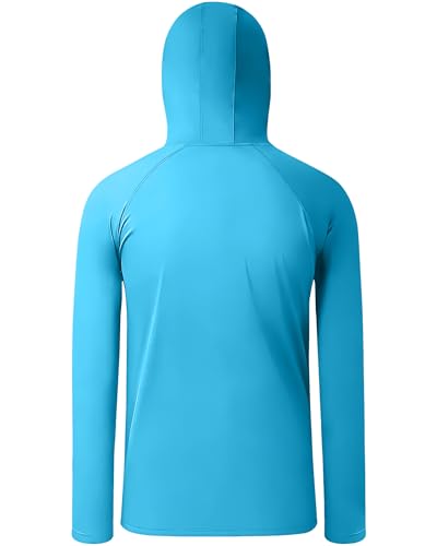 Boys Hooded Fishing Shirt with Mask, Kids UPF 50+ Long Sleeve Rash Guard Hoodie, Sun Protection Beach Swim Shirts - color: Light Blue, size: Large