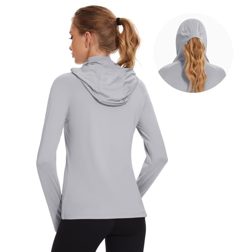 BASSDASH Women’s UPF 50+ Hoodie Shirt with Breathable Face Mask - color: Light Grey, size: Large