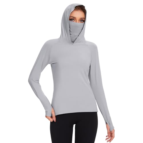 BASSDASH Women’s UPF 50+ Hoodie Shirt with Breathable Face Mask - color: Light Grey, size: Large