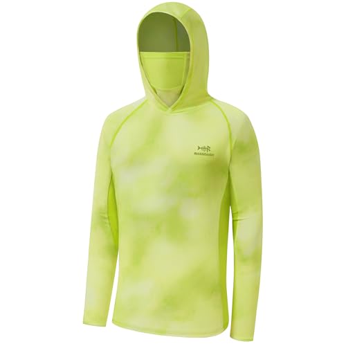 BASSDASH UPF 50+ Men’s Fishing Hoodie Shirts with Mask Camo UV Long Sleeve Moisture Wicking FS53M - color: Lemon Yellow Mist, size: XX-Large