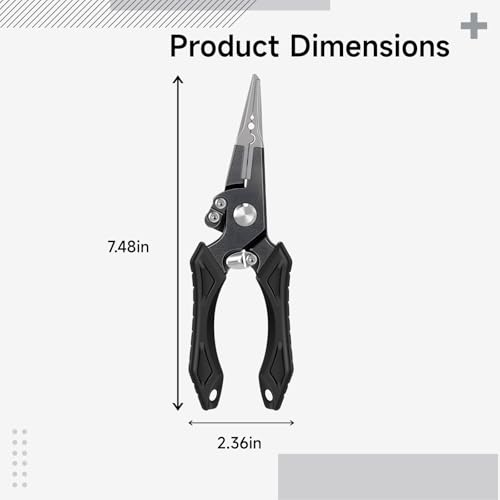 Aluminum Fishing Pliers, Stainless Steel Hook Remover, Tungsten Carbide Cutters, Serrated Jaws, TPR Ergonomic Handle, Includes Sheath and Lanyard