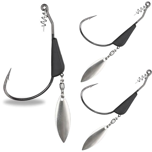 Reaction Tackle Tungsten Bladed Underspin Swimbait Hooks, Weighted Weedless Jig Heads for Bass, Pike, and Musky, Freshwater and Saltwater Fishing (3-Pack) - size: 3/16 Oz - 4/0 Hook