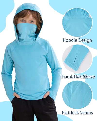Boys Hooded Fishing Shirt with Mask, Kids UPF 50+ Long Sleeve Rash Guard Hoodie, Sun Protection Beach Swim Shirts - color: Light Blue, size: Large