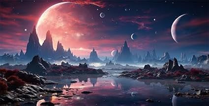 48X24IN Cosmic Spaceterrarium Background, Cool Parallel Space Themed Aquarium Reptile Habitat Background, Red Moon Aquarium Background with 10EVA Double-Sided Tape