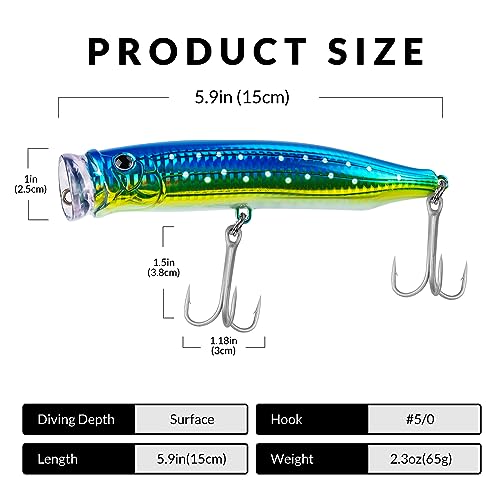 THKFISH Popper Lures Saltwater Tuna Popper Topwater Fishing Lures for Surf Fishing Bass with 3D Eyes for GT Tuna Large Fish 5.9in 1pc/3pcs - color: 1PC-BLUE
