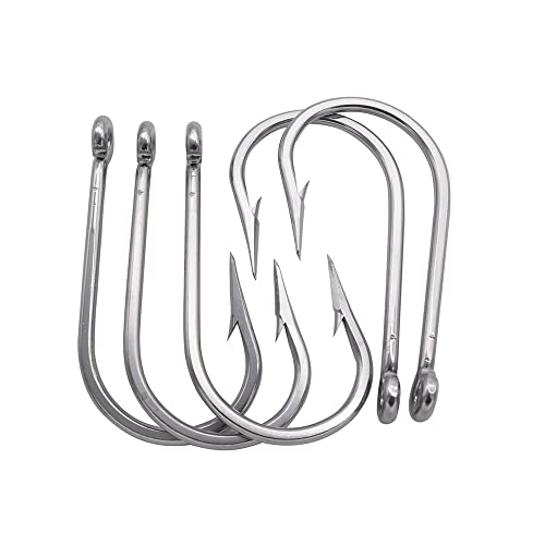 Saltwater Tuna Hooks– Stainless Steel Forged Ringed Extra Strong Big Game Fishing Hook for Giant Shark Salmon, Size 2/0-13/0 - size: 5/0#-5pcs