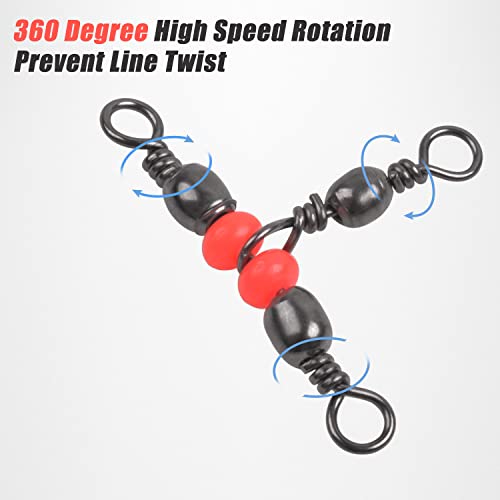 SILANON 3 Way T-Turn Barrel Swivels Fishing Tackle,40pcs Brass Barrel Triple Swivel Cross Line 3 Way Barrel Fishing Connector with Red Fishing Beads for Freshwater Saltwater Test 20-100LB - size: 2*4# 40pcs