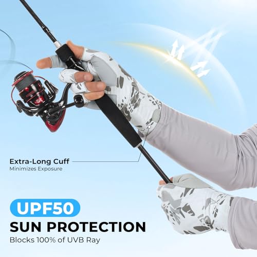 KastKing Agies Fishing Gloves Men, UPF 50+ Sun Gloves UV Protection, Cooling Quick-Dry 3/4 Fingerless Gloves with Extended Cuff, Microfiber Palm & Pull Tabs, for Fishing, Kayaking, Hiking, Hunting - color: X Camo-White, size: Large-X-Large