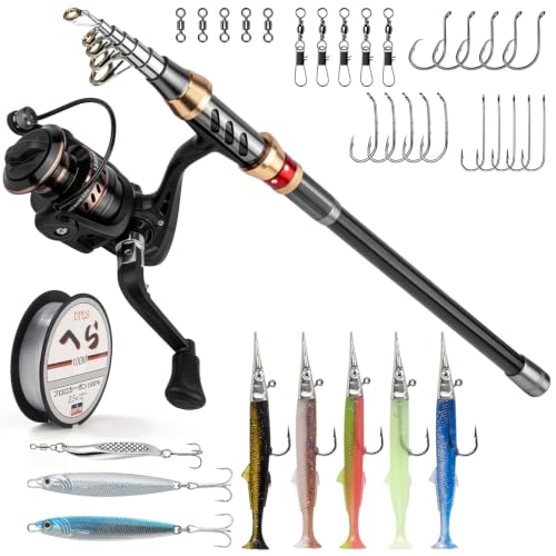Alwonder Fishing Spinning Rod and Reel Combos, Carbon Fiber Telescopic Fishing Rod 4000 Spinning Reel Set Saltwater Freshwater with Jigs Spoon Spinner Sandeel Lures Line Gear Accessories Tackle - size: S - 1.8M/5.91FT