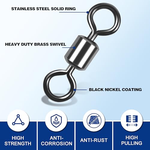Barrel Swivels Fishing Tackle, 20/80pcs Heavy Duty Fishing Swivel Connector Stainless Steel Black Nickel Rolling Swivels Saltwater Freshwater 30-1322lb - size: 80pcs--4/0--260lb