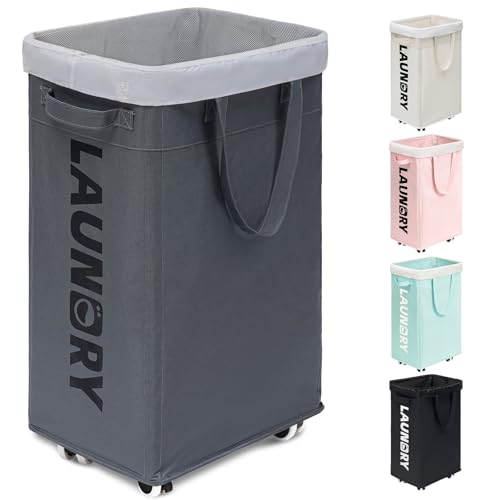 Goodpick Laundry Basket with Wheels, Laundry Hamper with Removable Wash Bag, Clothes Hamper, Rolling Laundry Basket, Dorm Room Essentials, 75L, Grey
