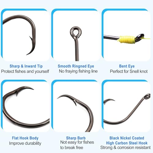 50Pcs Circle Hooks with Fishing Hook Remover, Super Sharp and Offset Catfish Octopus Circle Hooks for Saltwater and Freshwater, Nickel Coated High Carbon Steel, Sizes #1-8/0 - color: Black Nickel, size: 6/0