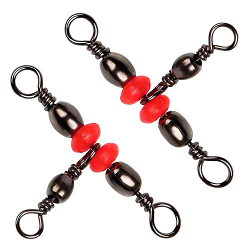 SILANON 3 Way T-Turn Barrel Swivels Fishing Tackle,40pcs Brass Barrel Triple Swivel Cross Line 3 Way Barrel Fishing Connector with Red Fishing Beads for Freshwater Saltwater Test 20-100LB - size: 2*4# 40pcs
