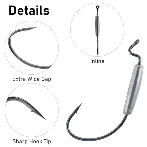 Dr.Fish 15 Pack Weighted EWG Hooks Weighted Worm Swimbait Hooks Bass Fishing Inline Extra Wide Gap Texas Rig Carolina Rig - size: 1/16oz-#1/0 Hook