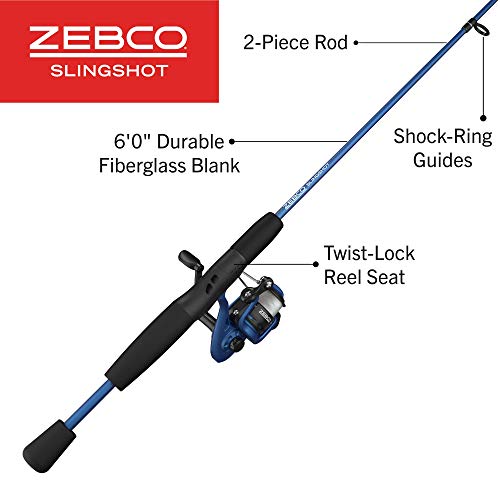 Zebco Slingshot Spinning Reel and Fishing Rod Combo, 2-Piece Medium-Light Durable Fiberglass Rod, Comfortable EVA Handle, Pre-Spooled with 8-Pound Cajun Fishing Line - style: 6'0" Rod - Blue
