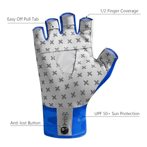 BASSDASH Unisex UPF 50+ Half Finger Sun Gloves Fingerless Breathable UV Protection for Fishing Hiking Kayaking Rowing FG02 - color: Blue Camo/Catfish, size: Large