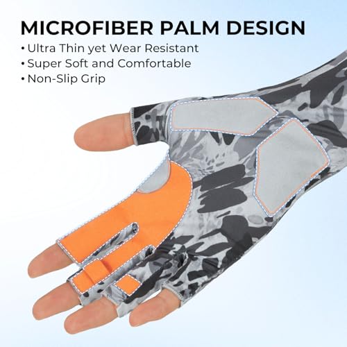 KastKing Agies Fishing Gloves Men, UPF 50+ Sun Gloves UV Protection, Cooling Quick-Dry 3/4 Fingerless Gloves with Extended Cuff, Microfiber Palm & Pull Tabs, for Fishing, Kayaking, Hiking, Hunting - color: X Camo-Gray, size: Large-X-Large