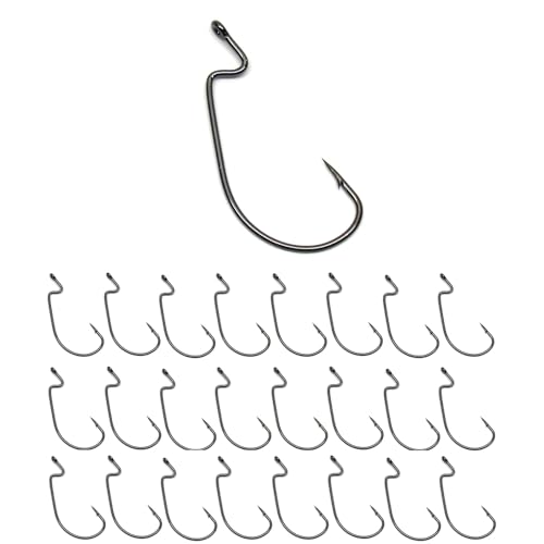 Reaction Tackle Offset EWG Worm Hooks - Super Strong Wide Gap Texas Rig Hooks for Soft Plastic Baits - High Carbon Steel Bass Fishing Hooks (25-Pack) - size: #4/0