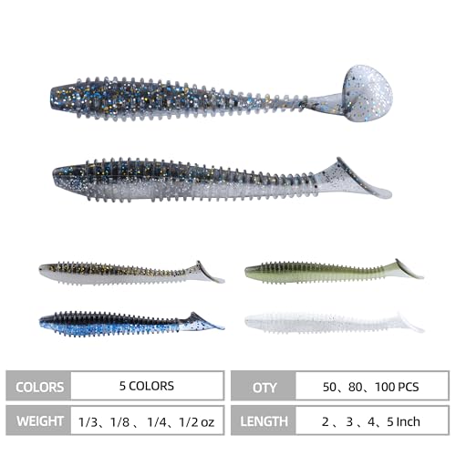 Paddle Tail Swimbaits 100/80/50PCS, 5/4/3/2 inch Soft Fishing Lures Bulk Pack – Durable Lifelike Action Lures for Bass, Trout, Crappie – Freshwater & Saltwater Fishing Gifts - color: Silver Blue, size: 2in, 100pcs