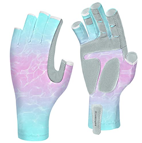 EDSRDUX UPF 50+ Fishing Gloves for Men Women, Long Cuff Fingerless Sun Gloves, Breathable Kayaking Sailing Sunscreen Gloves - color: P&G WaterWripple, size: Small