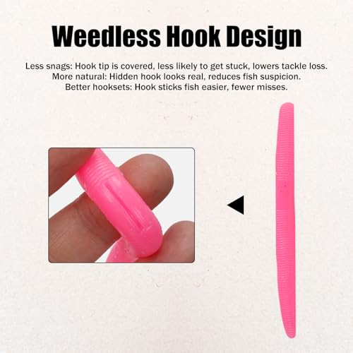 Worms for Bass Fishing FS/RE-04 | Salted Soft Plastic Fishing Lures ,with Hook Slot,Saltwater Freshwater Bass Baits - color: Pink-10pcs