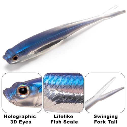 Dr.Fish Soft Plastic Baits, Fork Tail Soft Jerkbait Minnow Lures, 3 to 4-3/4 Inches Soft Swimbaits Jerk Shad Baits Crappie Bass Fishing Lures - color: Brown, size: 4"-5 Pack
