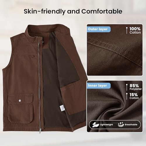 TBMPOY Men's Lightweight Vest Cotton Stylish Sleeveless Travel Casual Work Canvas Outerwear Utility Jacket Fishing Hiking - color: Coffee, size: 3X-Large