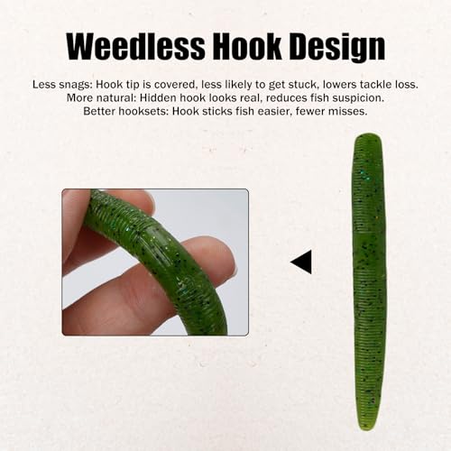 Worms for Bass Fishing FS/RE-04 | Salted Soft Plastic Fishing Lures ,with Hook Slot,Saltwater Freshwater Bass Baits - color: Green-10pcs