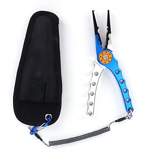 Fishing Pliers Saltwater, Split Pliers Hook Remover, with Safety Lock, Split Pliers Tools, with Sheath and Lanyard, Aluminum Alloy Multi Function Fish Tools - color: Blue Silver