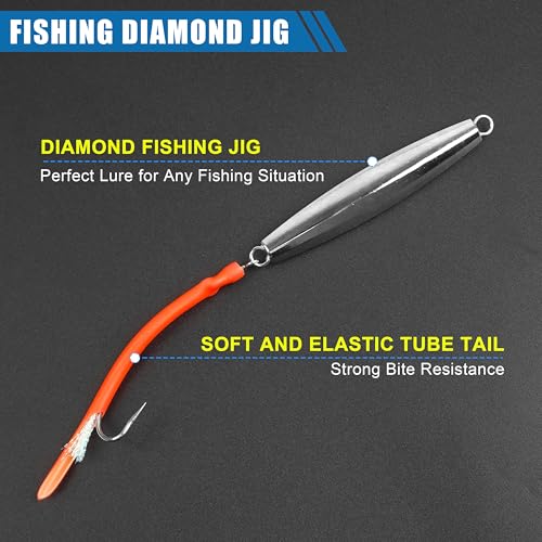 Diamond Jig Saltwater Fishing Lures Casting Jigging Spoon with Tube Tail Stainless Steel Hooks Trolling Lures Striped Bass Metal Jig for Deep Sea Surf Fishing Bottom Dragging Sinking - color: Red, size: 3 oz