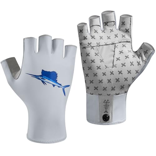 BASSDASH Unisex UPF 50+ Half Finger Sun Gloves Fingerless Breathable UV Protection for Fishing Hiking Kayaking Rowing FG02 - color: Cool Grey/Marlin, size: Large