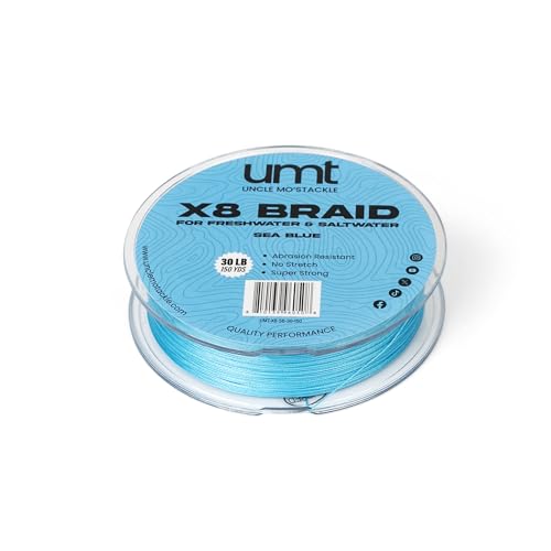 UMT Super Braid 150 Yards PE 8 Strand Fishing Line - High Strength, Available in 10lb 20Ib & 30Ib Moss Green and Sea Blue Options Pro Grade Zero Stretch Super Strong - Uncle Mo's Tackle - color: Sea Blue, size: 30LB, 150 Yards