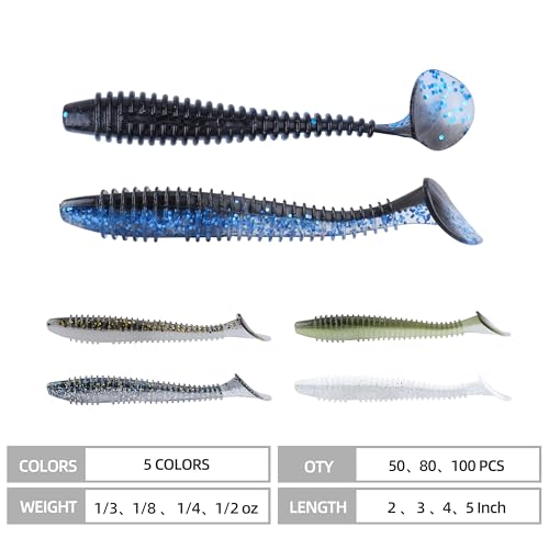 Paddle Tail Swimbaits 100/80/50PCS, 5/4/3/2 inch Soft Fishing Lures Bulk Pack – Durable Lifelike Action Lures for Bass, Trout, Crappie – Freshwater & Saltwater Fishing Gifts - color: Blue-Black, size: 4in, 80pcs
