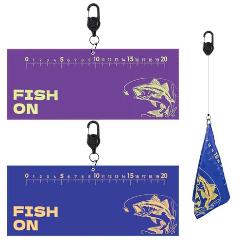 2PCS Fishing Towel, 25.5" X9.8", Microfiber | Built-in Ruler and Retractable Carabiner Clip, Premium Microfiber Towel , Bass Accessories, Fishing Gifts for Men Dad