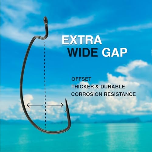 Reaction Tackle Offset EWG Worm Hooks - Super Strong Wide Gap Texas Rig Hooks for Soft Plastic Baits - High Carbon Steel Bass Fishing Hooks (25-Pack) - size: #5/0