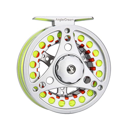 (1/2WT 3/4WT 5/6WT 7/8WT) Fly Reel with Line Combo Aluminum Alloy Large Arbor Fly Fishing Reels Weight Forward Fly Line with Braided Backing Taper Leader Pre-Tied - color: Silver Reel&Fluo Yellow Line(Pre-load), size: 3/4 WT Reel+Line