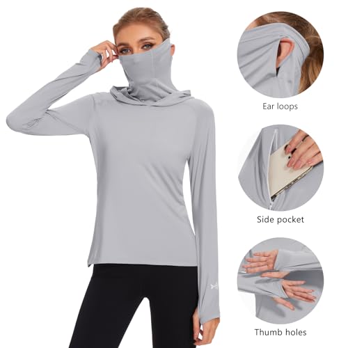 BASSDASH Women’s UPF 50+ Hoodie Shirt with Breathable Face Mask - color: Light Grey, size: Large