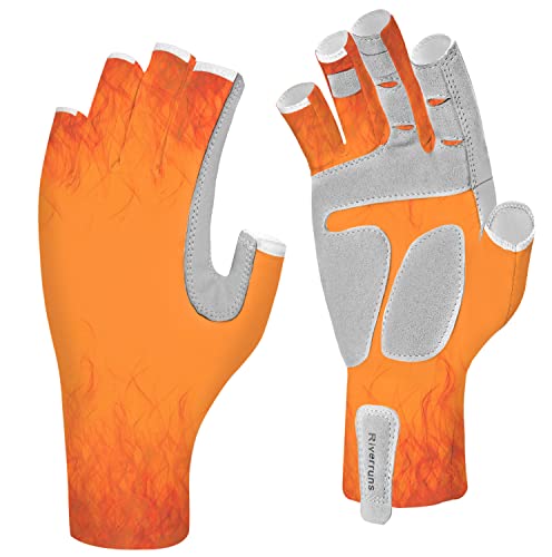 EDSRDUX UPF 50+ Fishing Gloves for Men Women, Long Cuff Fingerless Sun Gloves, Breathable Kayaking Sailing Sunscreen Gloves - color: Red Fire, size: Small