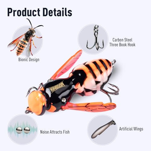 Kingdom Wasp Crawl Bait Insect Bionic Floating Fishing Lures Swimbaits Hard Artificial Baits Lure Freshwater and Saltwater Bass Carp Pike Walleye Fishing ABS Material Carbon Steel Three Book Hook - color: 03, size: 6.6g