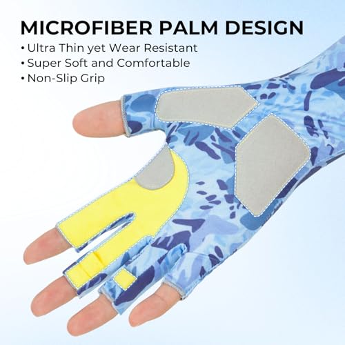 KastKing Agies Fishing Gloves Men, UPF 50+ Sun Gloves UV Protection, Cooling Quick-Dry 3/4 Fingerless Gloves with Extended Cuff, Microfiber Palm & Pull Tabs, for Fishing, Kayaking, Hiking, Hunting - color: X Camo-Blue, size: Small-Medium