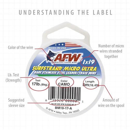 American Fishing Wire Surfstrand Micro Ultra Bare 1x19 Stainless Steel Leader Wire - Fishing Leader Line for Saltwater, 6.6lb Test - 61lb Test, Camo Color, 5m Length - style: 61 Lb / 5 M