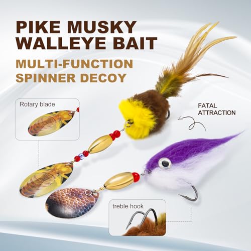 Pike Musky Walleye Fishing Lure Spinnerbait with Feathered Hooks Rooster Tail Fishing Lures Spoon Lures Baits with Tackle Box - color: Style B-Purple