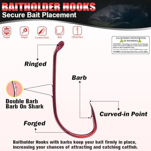 Baitholder Fishing Hooks 100 Pack - Double-Barbed Long Shank for Bluegill Bass Trout Walleye Black/Red, 8/0-#8 - color: 1-Red, size: Size:8 100-Pack