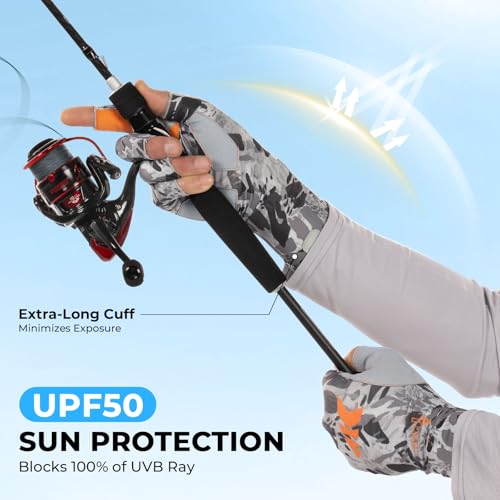 KastKing Agies Fishing Gloves Men, UPF 50+ Sun Gloves UV Protection, Cooling Quick-Dry 3/4 Fingerless Gloves with Extended Cuff, Microfiber Palm & Pull Tabs, for Fishing, Kayaking, Hiking, Hunting - color: X Camo-Gray, size: Large-X-Large
