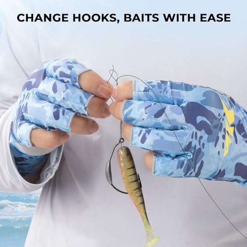 KastKing Agies Fishing Gloves Men, UPF 50+ Sun Gloves UV Protection, Cooling Quick-Dry 3/4 Fingerless Gloves with Extended Cuff, Microfiber Palm & Pull Tabs, for Fishing, Kayaking, Hiking, Hunting - color: X Camo-Blue, size: Large-X-Large