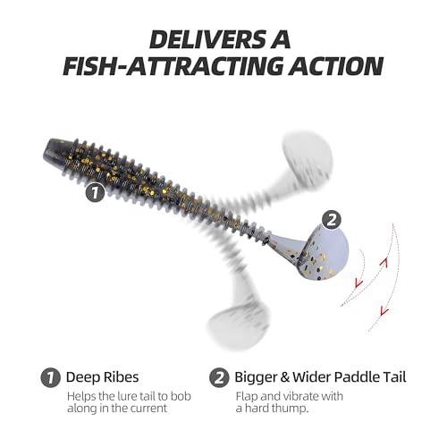 Paddle Tail Swimbaits 100/80/50PCS, 5/4/3/2 inch Soft Fishing Lures Bulk Pack – Durable Lifelike Action Lures for Bass, Trout, Crappie – Freshwater & Saltwater Fishing Gifts - color: Black-Gold, size: 4in, 80pcs